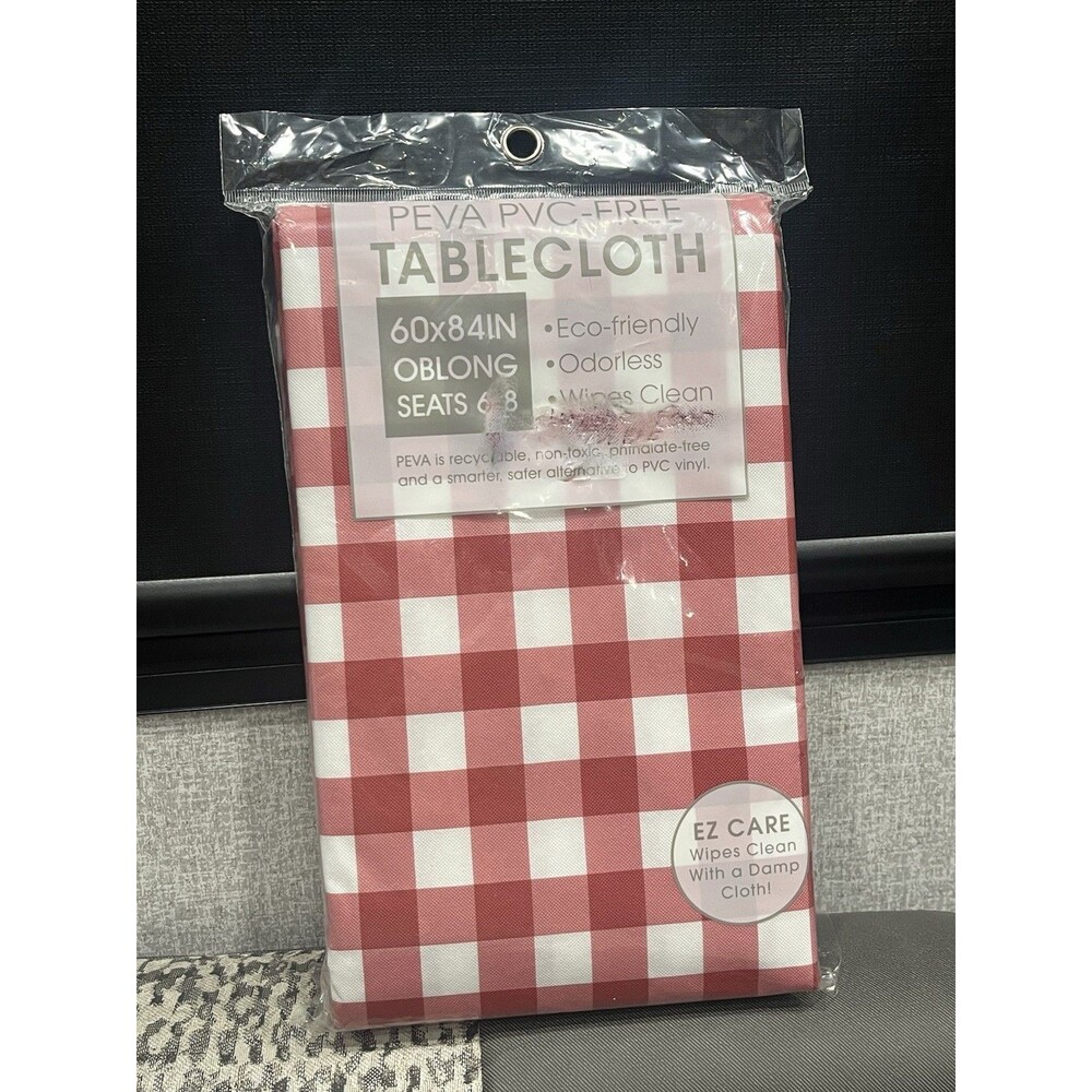 60 x 84 Tablecloth Red White Check Vinyl 100% PEVA